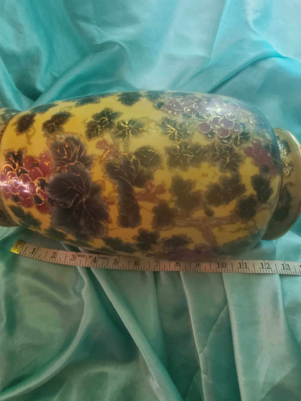 Hand-Painted Yellow Chinese 1980's Ceramic Lamp/Vase Base Grape Motif